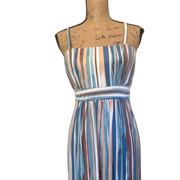 Soma Blue Brown Stripe Maxi Dress Convertible Strapless Spring Size Small - Picture 2 of 6